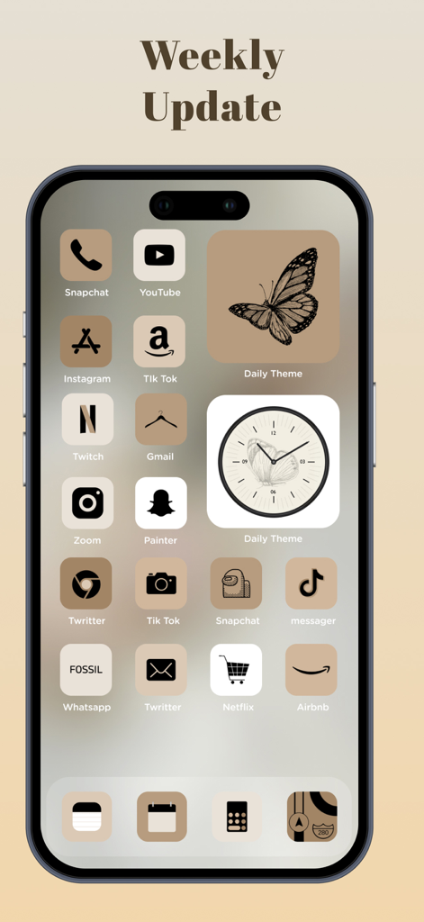 Daily Theme: Aesthetic Widgets - Una pantalla de inicio de iPhone personalizada con un tema estético marrón minimalista con iconos y widgets personalizados, incluyendo un reloj y una ilustración de mariposa.