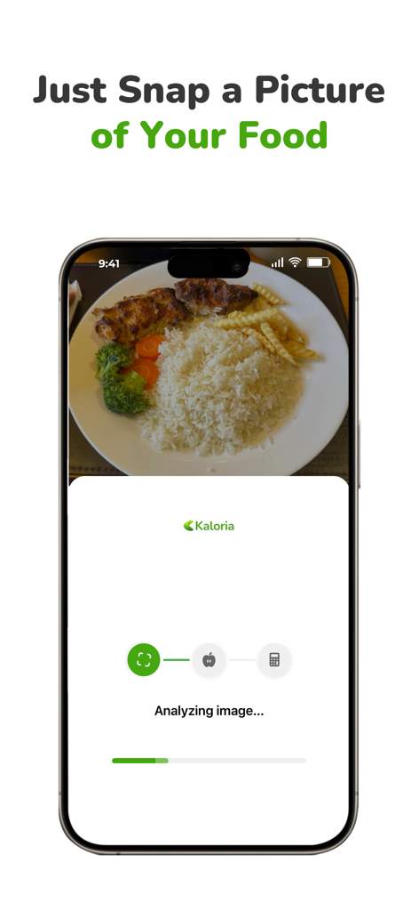 Kaloria: Calorie Counter - Kaloria app interface showing AI photo recognition of a meal with rice and chicken for calorie tracking