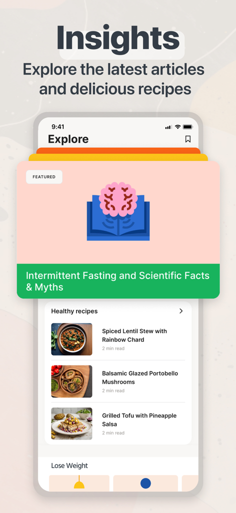 Fastingo: Intermittent Fasting - Pantalla que muestra artículos educativos sobre ayuno y recetas saludables en la app Fastingo