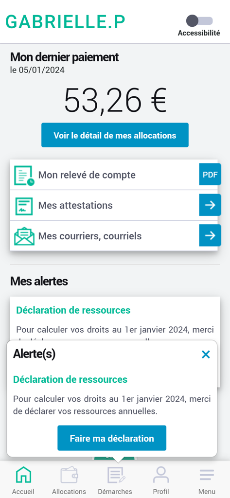 Interface de l'application Caf - Mon Compte affichant le montant du dernier paiement et une alerte contextuelle de déclaration de ressources