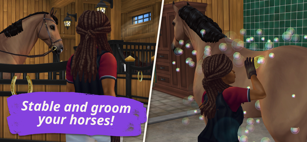 A character grooming and washing a horse in a stable with soap bubbles in Star Stable Online
