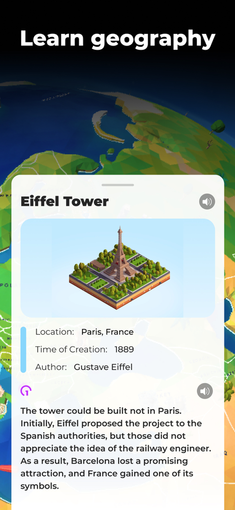 Globe Geography 3D: World Map - Bildschirm mit Bildungsangeboten, der ein 3D-Modell des Eiffelturms mit Fakten zu seinem Standort und seiner Geschichte in Paris zeigt.