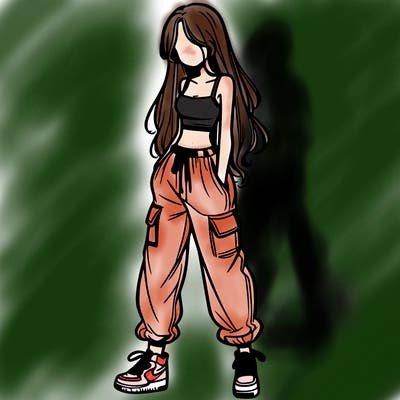girl in baggy pants crop top and long hair