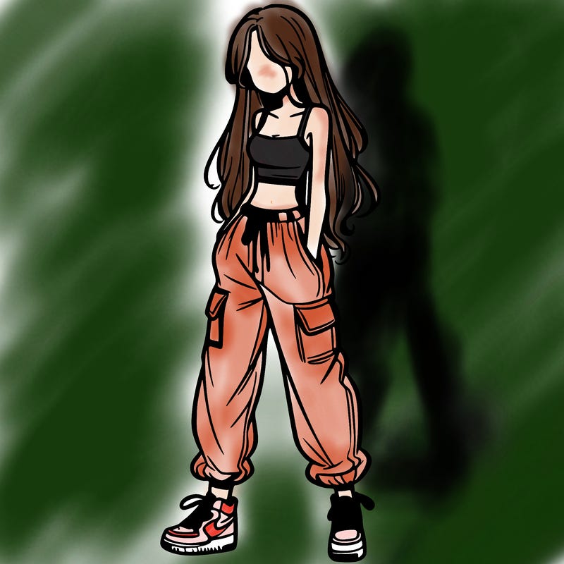 girl in baggy pants crop top and long hair