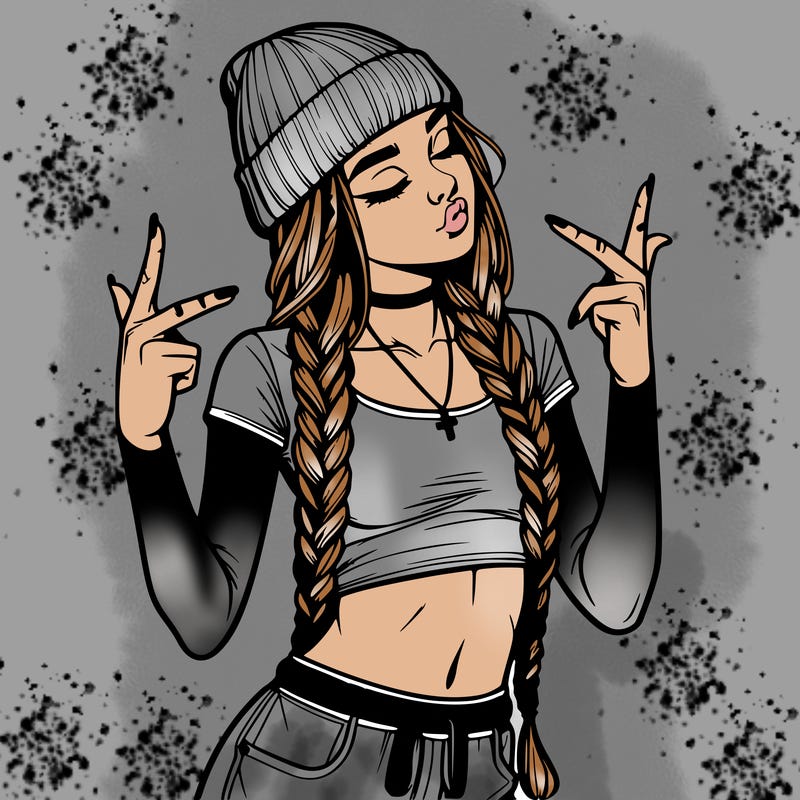 realistic teenage girl with braids and a beanie and crop top doing 🫶🏼