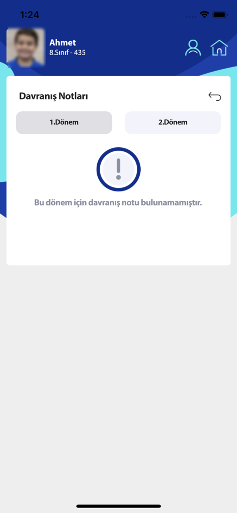 Behavior grades screen in the MEB E-OKUL VBS app showing a student profile and semester selection