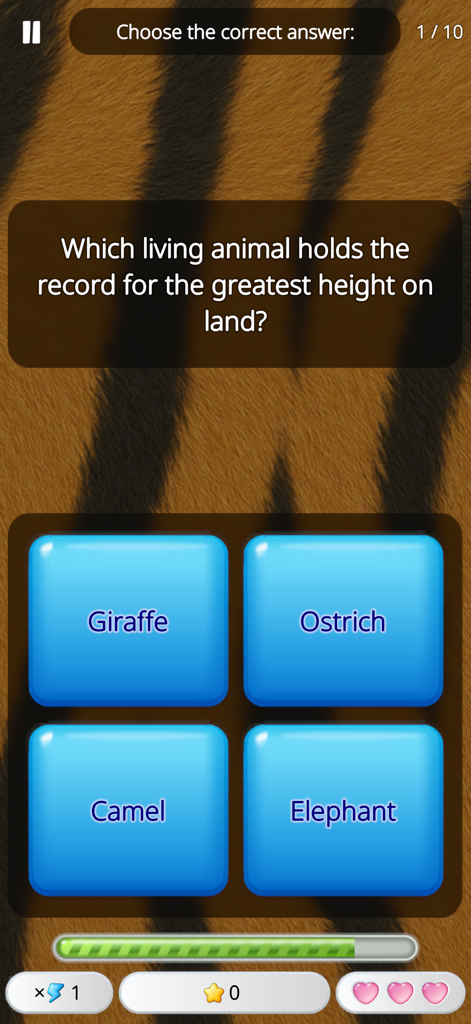 Guess the Animal: Quiz Game - Una pregunta de trivia en el juego Adivina el Animal preguntando sobre el animal terrestre vivo más alto.