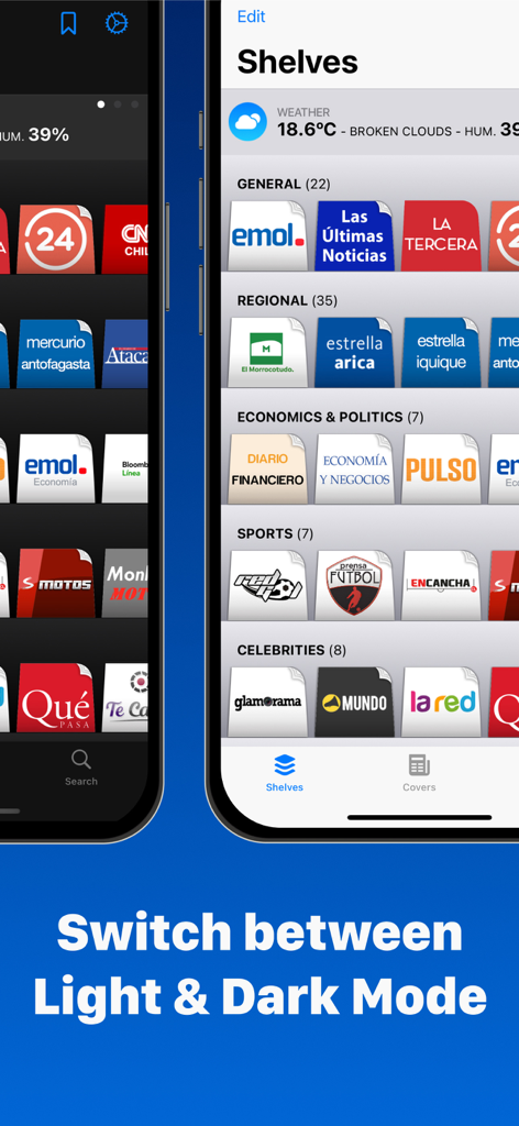 Interface of the Chilean Newspapers app displaying light and dark mode versions with categorized news sources