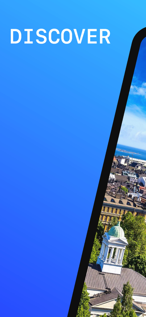Helsinki Travel Guide app screenshot with Discover text and aerial view of the city architecture