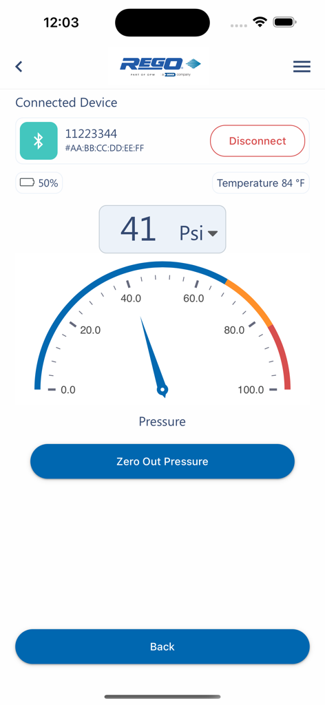 RegO App - Interfaccia dell'app RegO che visualizza la lettura in tempo reale della pressione GPL di 41 Psi da un dispositivo Bluetooth connesso