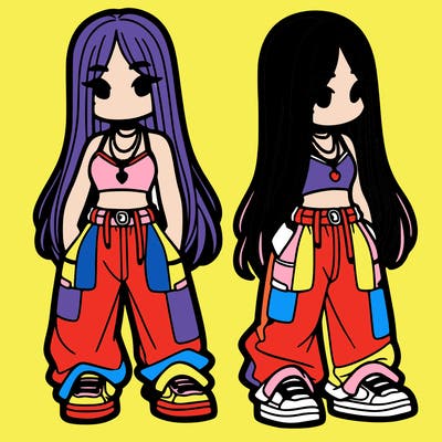 girl in baggy pants crop top and long hair
