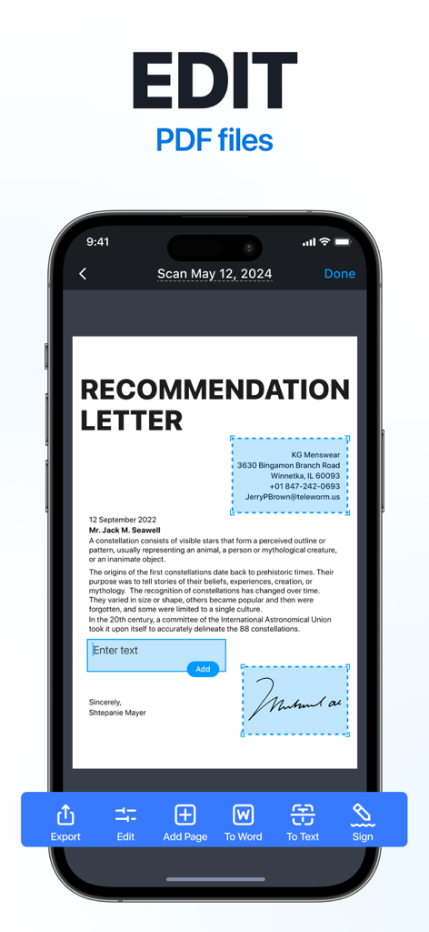署名とテキストオプションを使用してPDFの推薦状を編集しているScanGuruアプリのインターフェースを表示したiPhone