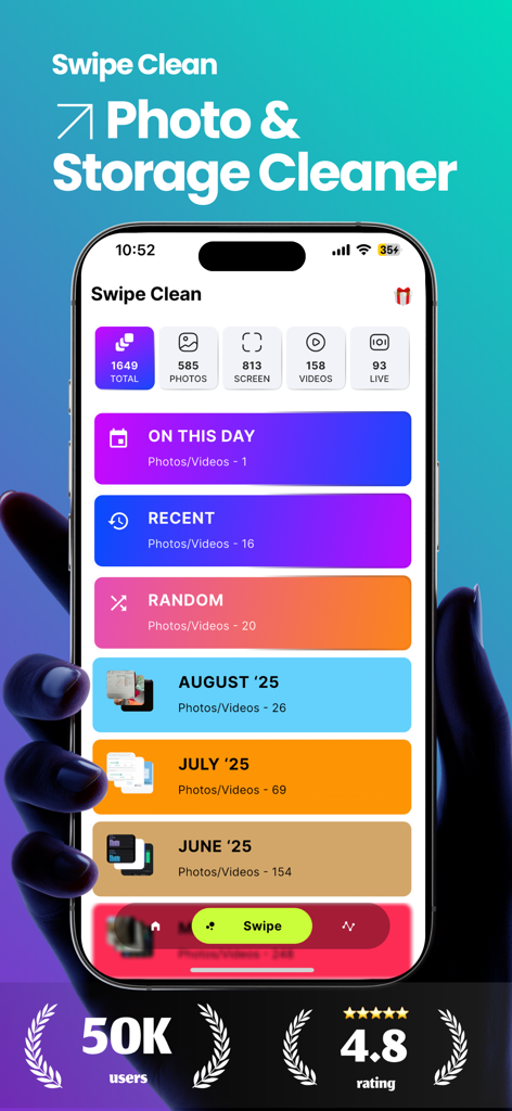 Swipe Cleaner: Clean Up Photos - Swipe Cleaner app dashboard showing photo organization categories and storage cleaning options on an iPhone screen.