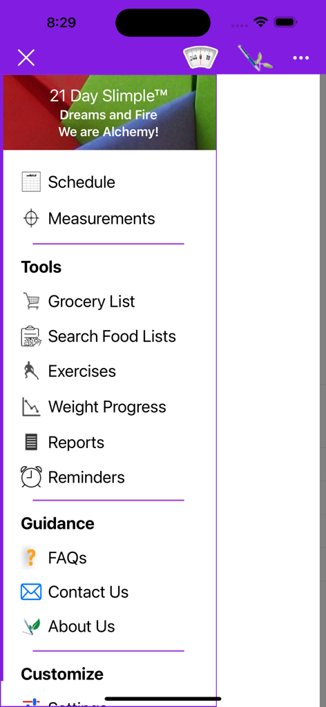 Menú de navegación lateral de la aplicación 21 Day Slimple que muestra herramientas de seguimiento de fitness y opciones de medición.