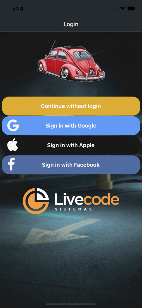 My Garage: Cars Expenses - Login screen for My Garage app showing sign in options with Google Apple and Facebook