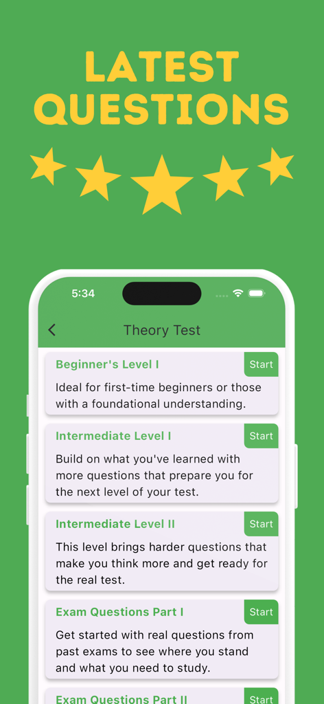 사우디 운전면허 앱의 이론 시험 화면, 다양한 연습 수준 표시