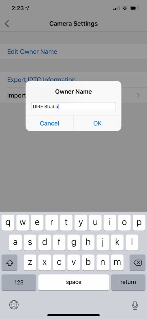 Screenshot of the ShutterCount Pro Mobile app showing a popup dialog to edit the camera owner name with the iOS keyboard visible.