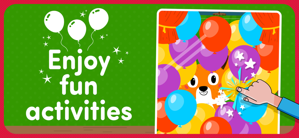 Un zorro de dibujos animados asomándose entre globos de colores en una divertida actividad de explotar globos para niños pequeños