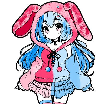 pretty anime girl wearing a fluffy hoodie with bunny ears on the hood and a skirt