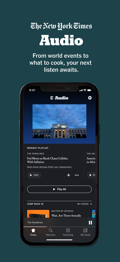 The New York Times Audio app interface on a smartphone showing a curated news playlist and playback controls.