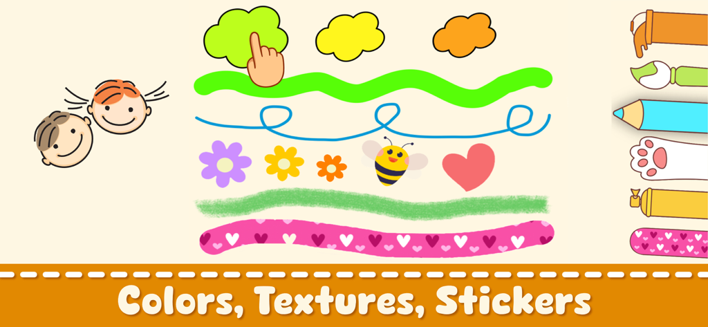 Coloring Games Kids・Babies 2-6 - Interface de aplicativo de colorir para crianças mostrando várias ferramentas de desenho, texturas e adesivos