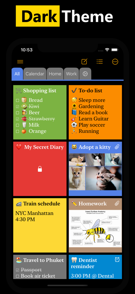 Panel de la aplicación WeNote que muestra una variedad de notas adhesivas y listas de verificación codificadas por colores en una interfaz de tema oscuro.