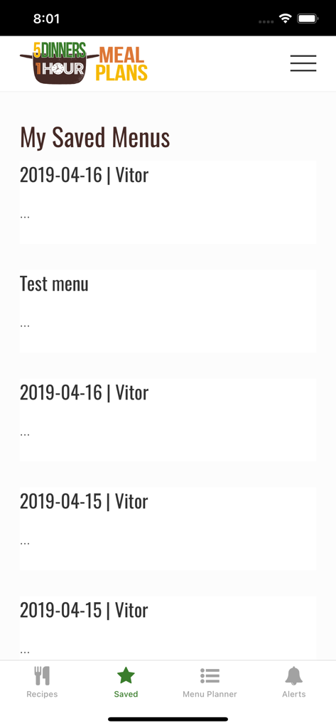 5 Dinners in 1 Hour 애플리케이션 내의 저장된 식사 계획 메뉴 목록