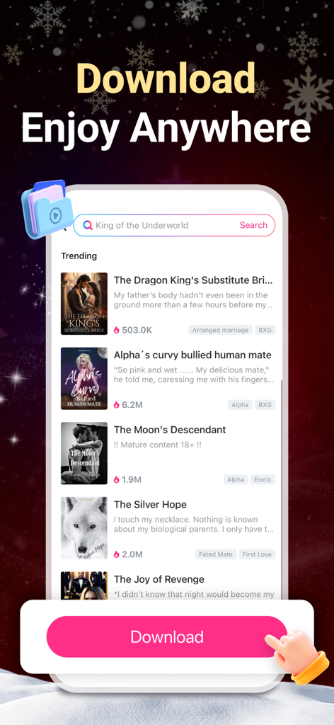 NovelFlow app interface showing trending romance and werewolf novels with a prominent pink download button.