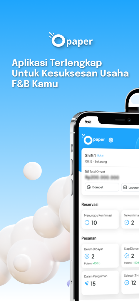 Opaper mobile app dashboard displaying sales metrics and order management for food businesses