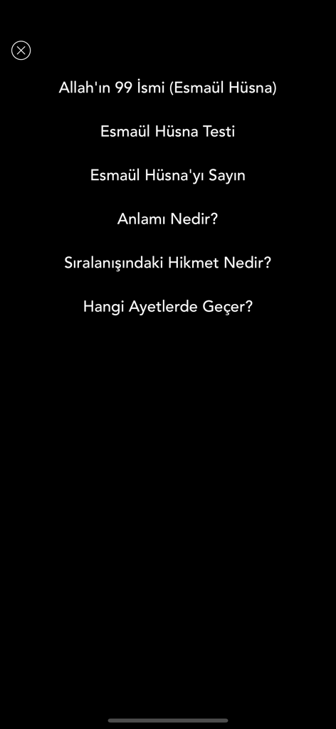 Esmaül Hüsna - Main menu screen of the Esmaul Husna app showing options for 99 Names of Allah meanings and quizzes.