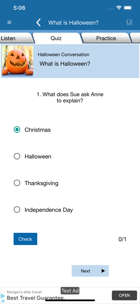 Speak English Conversation - English learning app interface showing a multiple choice quiz about a Halloween conversation lesson