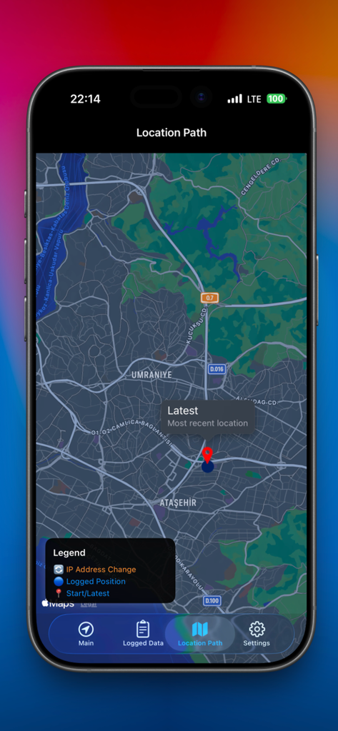 Net-Logger - Net-Logger mobile app screen displaying a tracking path on a dark mode map with network data indicators and a legend.