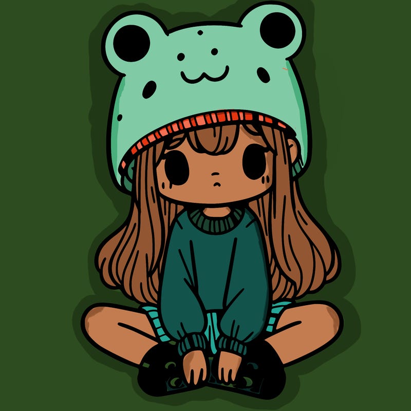 a girl wearing a frog hat and some frog socks
