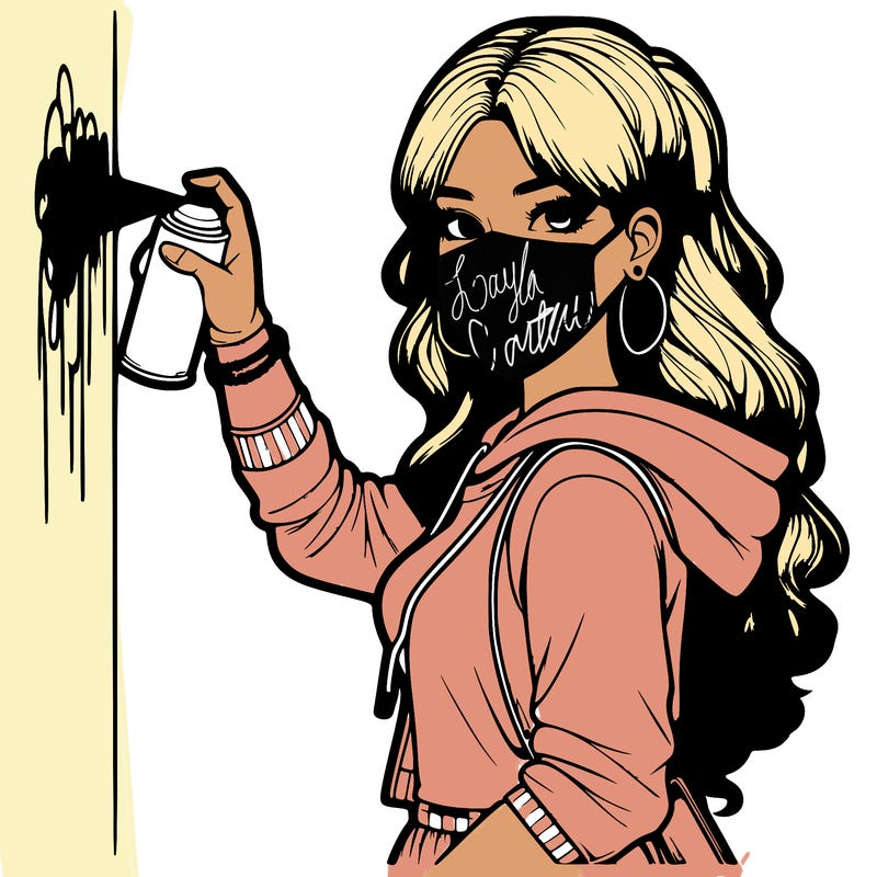 realistic girl with mask spray painting a wall