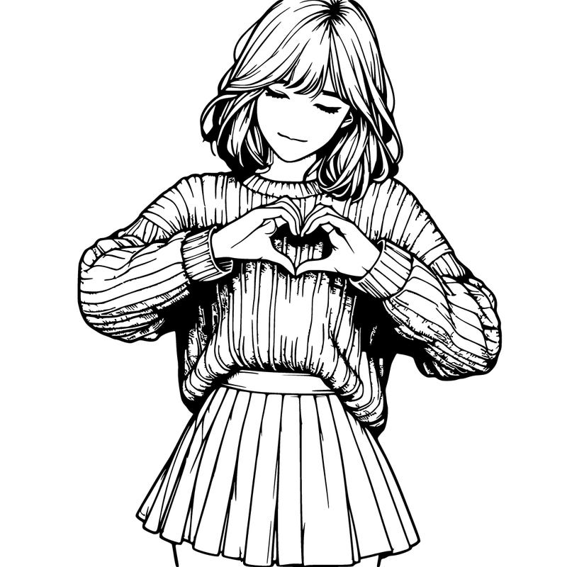 realistic girl in sweater and skirt making a heart with her hands