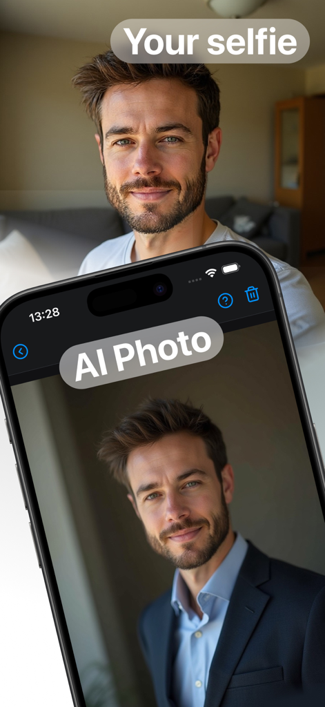 AI Headshot Generator Pro - Una comparación que muestra un selfie casual transformándose en un retrato profesional de negocios en la pantalla de un smartphone.