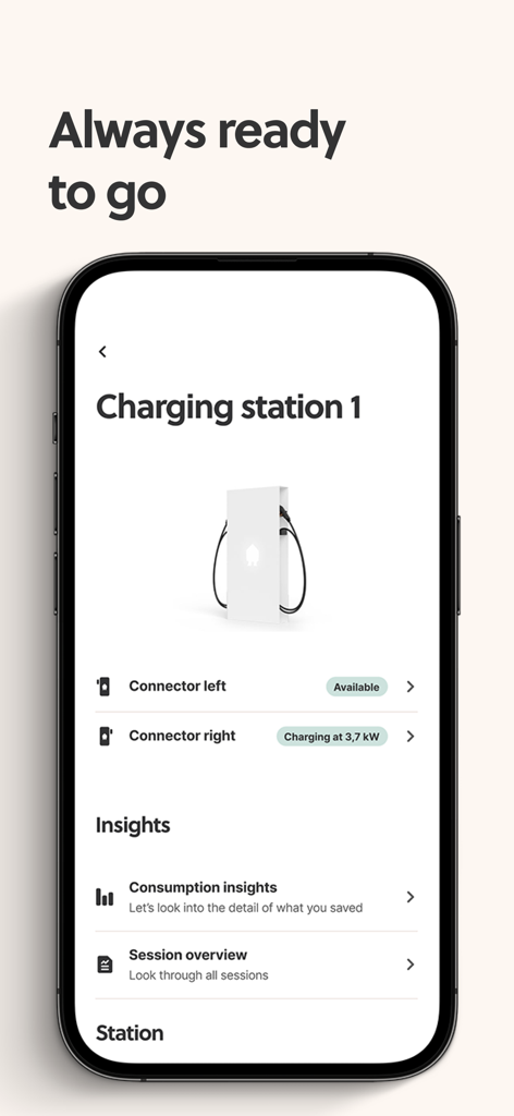 Smappee app interface displaying EV charging station details and connector status