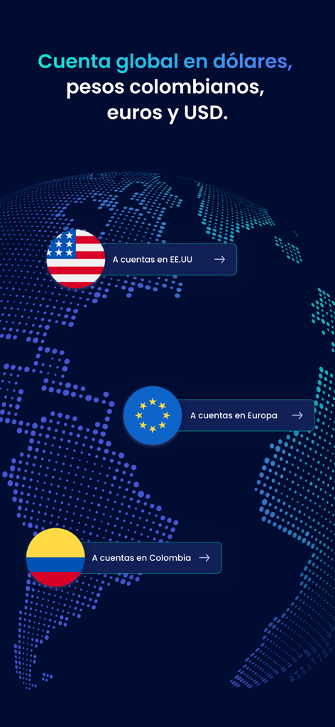 Plenti app screen showing options for global transfers between USA Europe and Colombia in multiple currencies