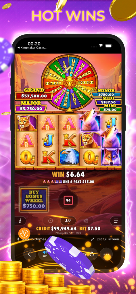 Kingmaker Casino: Trial Games - Kingmaker Casino mobile app interface showing a wolf-themed demo slot machine with a bonus prize wheel