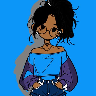 girl with a messy ponytail glasses a baggy crop top and jean shorts