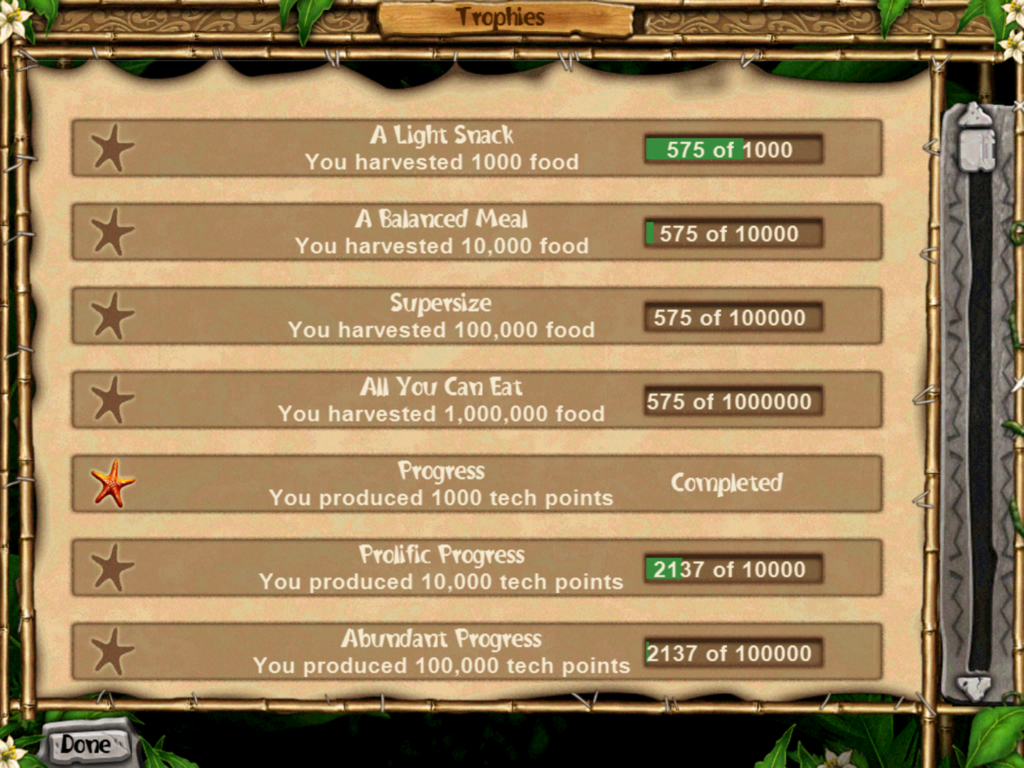 Virtual Villagers 5 - Lite - Trophies screen in Virtual Villagers 5 Lite showing game achievements and progress bars