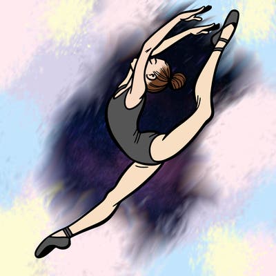 gymnast doing a leap in a leotard with a bent back leg