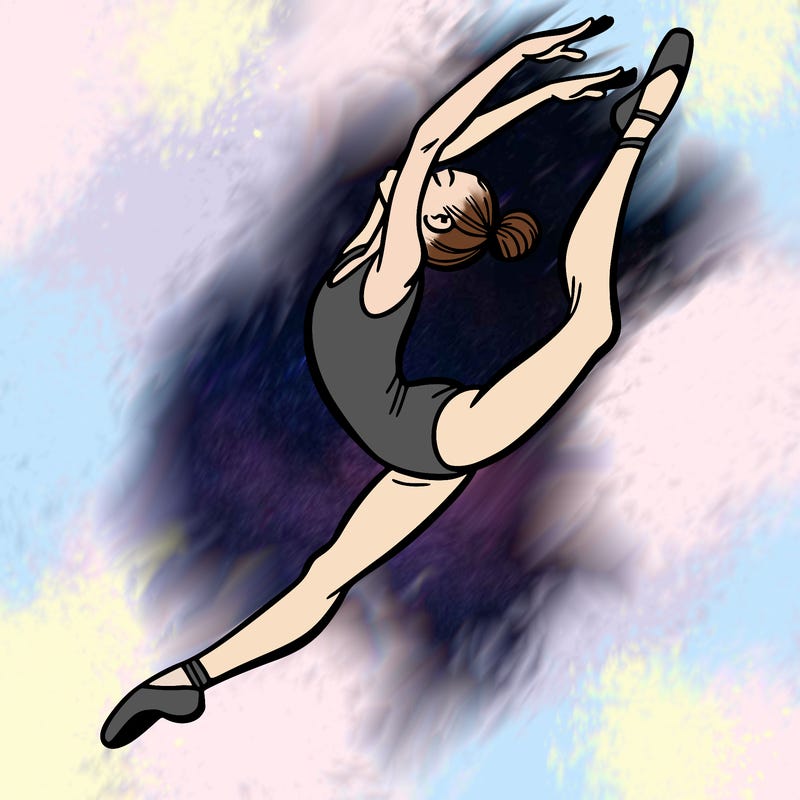 gymnast doing a leap in a leotard with a bent back leg