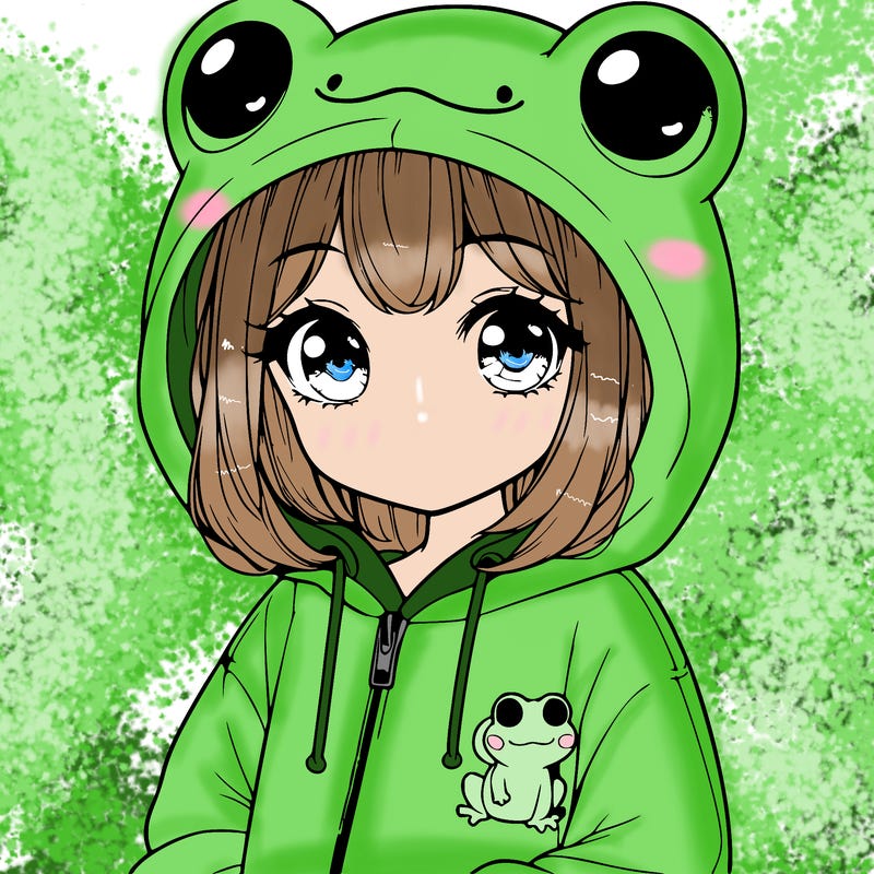 cute realistic girl in a froggy hoodie