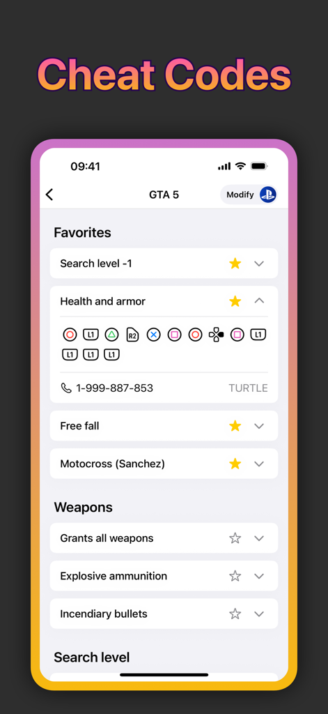 A mobile app interface displaying GTA 5 cheat codes for PlayStation with button sequences and descriptions.