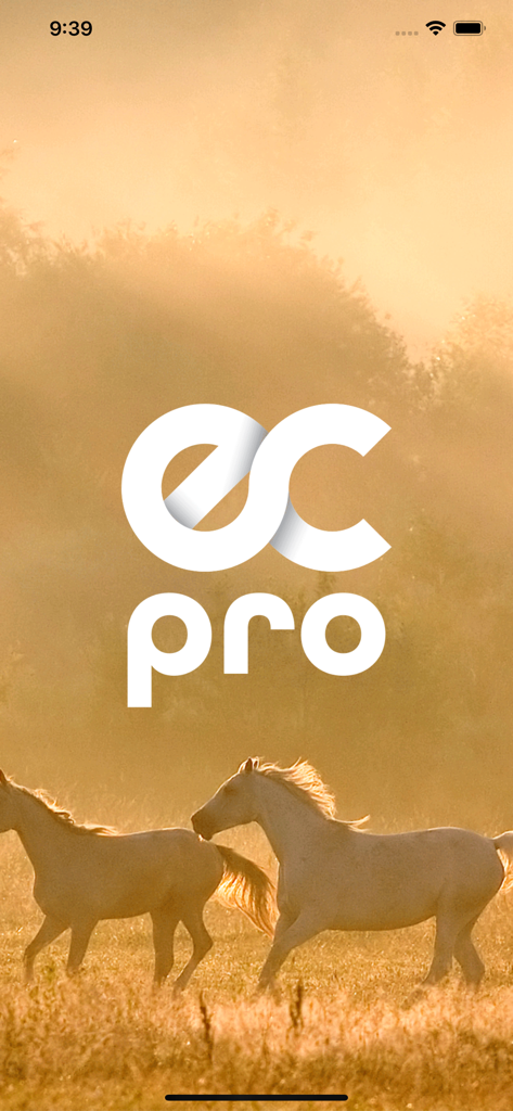 EC Pro (UK) - EC Pro equestrian management app splash screen featuring two horses in a sunlit field