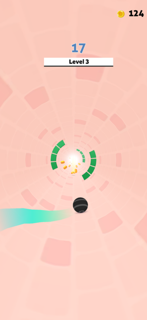 Rolly Vortex - A black ball rolling through a pink vortex tunnel avoiding green obstacles in Rolly Vortex.
