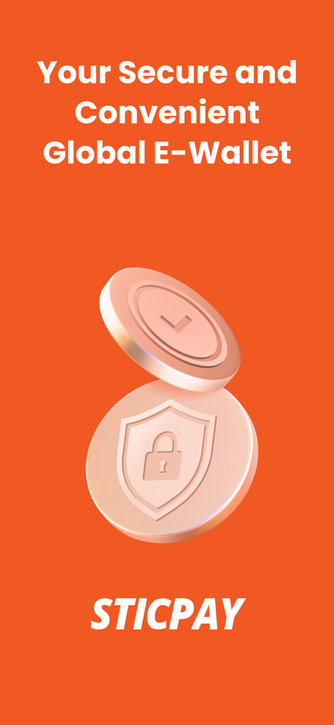 安全なグローバルeウォレットのスローガンとセキュリティアイコンを表示するSTICPAYアプリのスクリーンショット