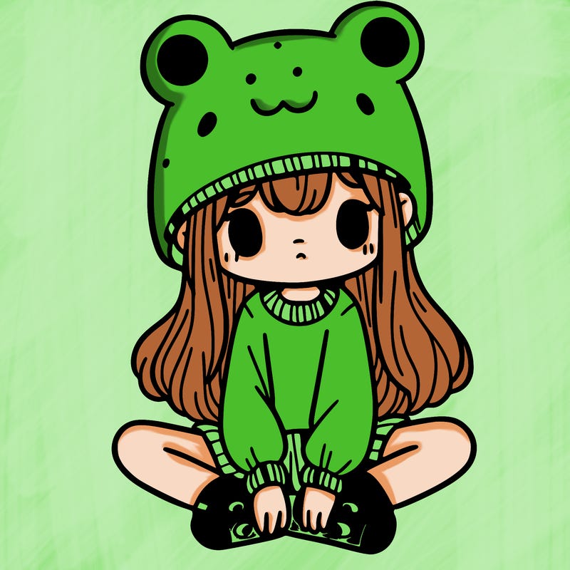 a girl wearing a frog hat and some frog socks