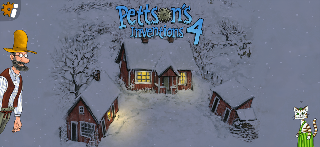 Pettson et Findus se tiennent dans un paysage de ferme enneigé hivernal tiré de l'application Pettsons Inventions 4